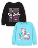 Trampoline Fleece Knit Full Sleeves Keep Smiling & Unicorn Printed Winter Sweatshirt Pack Of 2 - Black Sky Blue