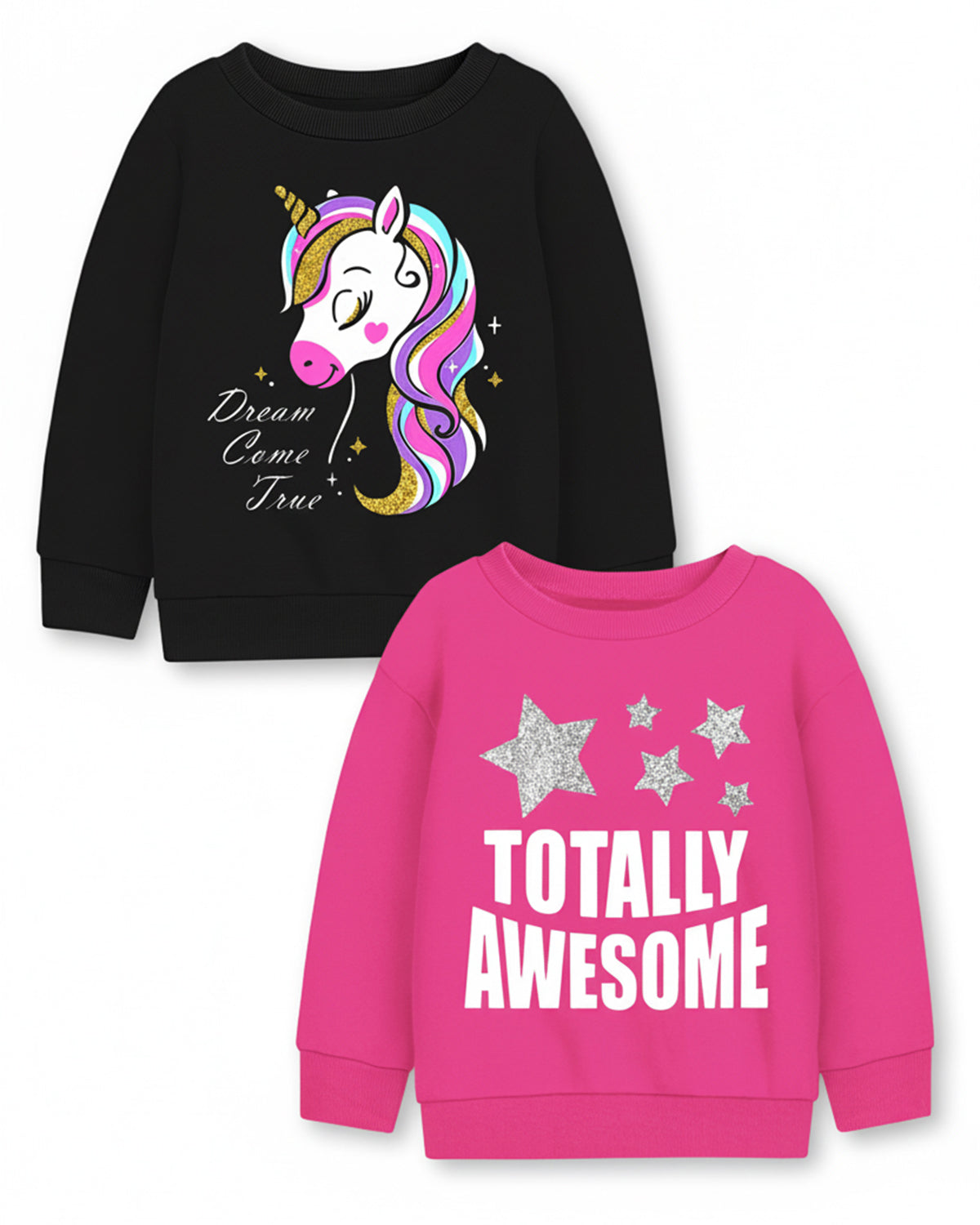 Trampoline Fleece Knit Full Sleeves Unicorn & Totally Awesome Printed Winter Sweatshirt Pack Of 2 - Black Pink