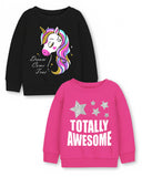 Trampoline Fleece Knit Full Sleeves Unicorn & Totally Awesome Printed Winter Sweatshirt Pack Of 2 - Black Pink