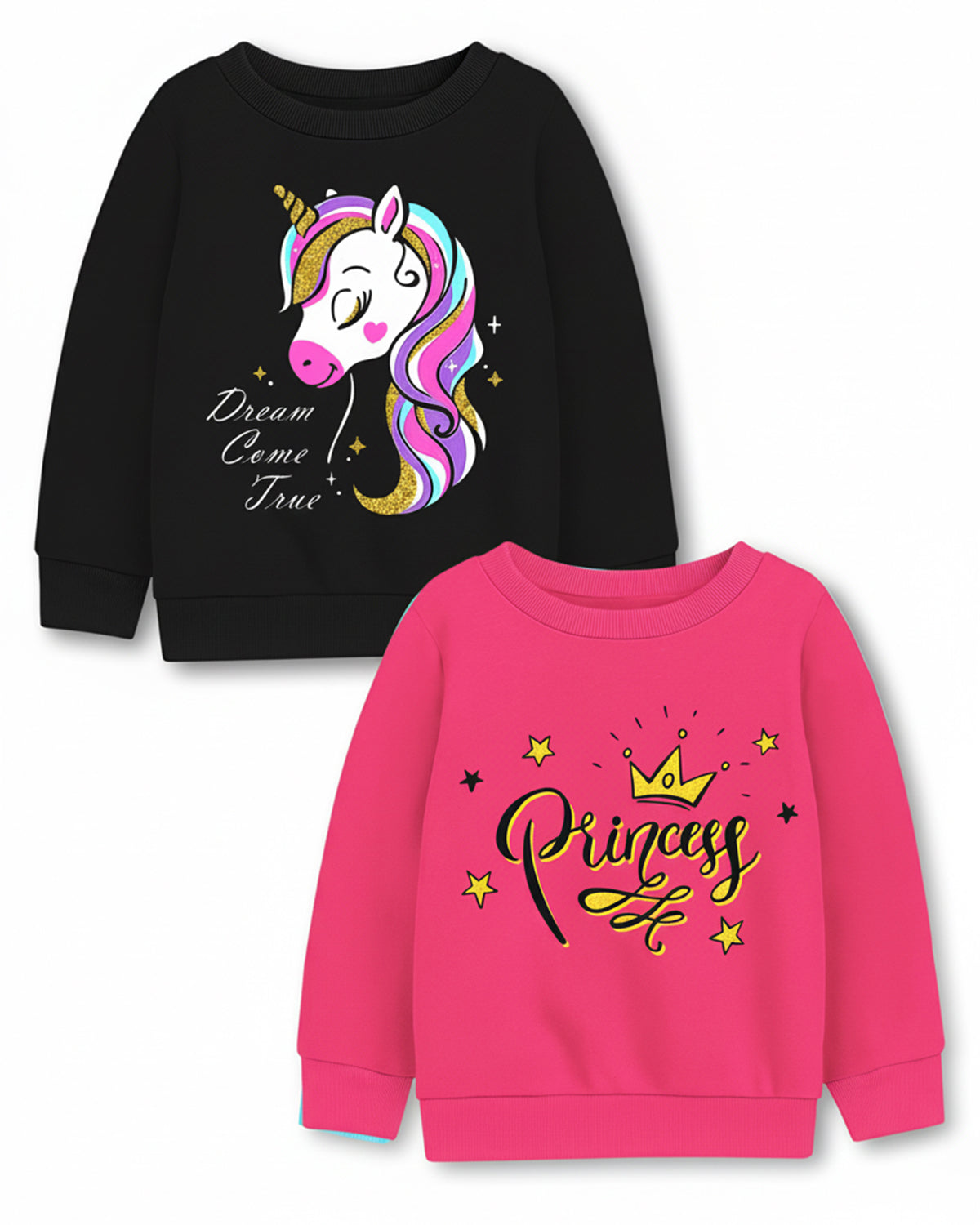 Trampoline Fleece Knit Full Sleeves Unicorn & Princess Printed Winter Sweatshirt Pack Of 2 - Black Pink