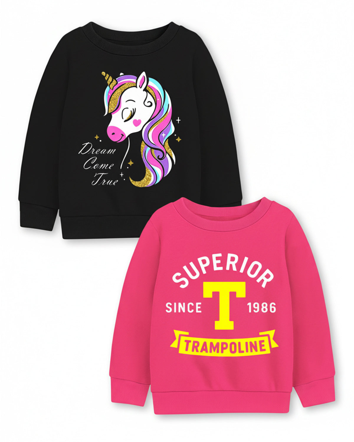 Trampoline Fleece Knit Full Sleeves Unicorn & Trampoline Printed Winter Sweatshirt Pack Of 2 - Black Pink