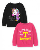 Trampoline Fleece Knit Full Sleeves Unicorn & Trampoline Printed Winter Sweatshirt Pack Of 2 - Black Pink