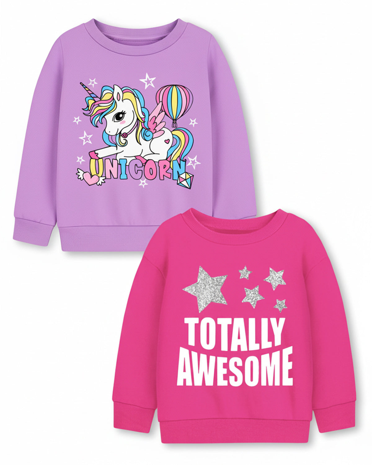 Trampoline Fleece Knit Full Sleeves Unicorn & Totally Awesome Printed Winter Sweatshirt Pack of 2 - Purple Pink
