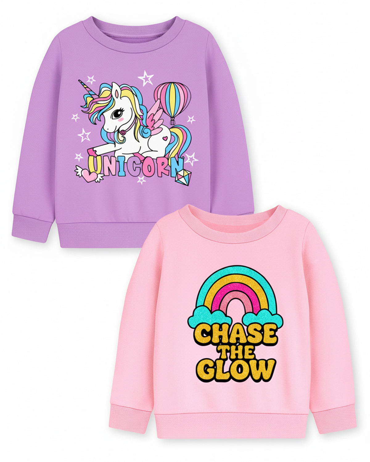 Trampoline Fleece Knit Full Sleeves Unicorn & Chase The Glow Printed Winter Sweatshirt Pack Of 2 - Purple Pink