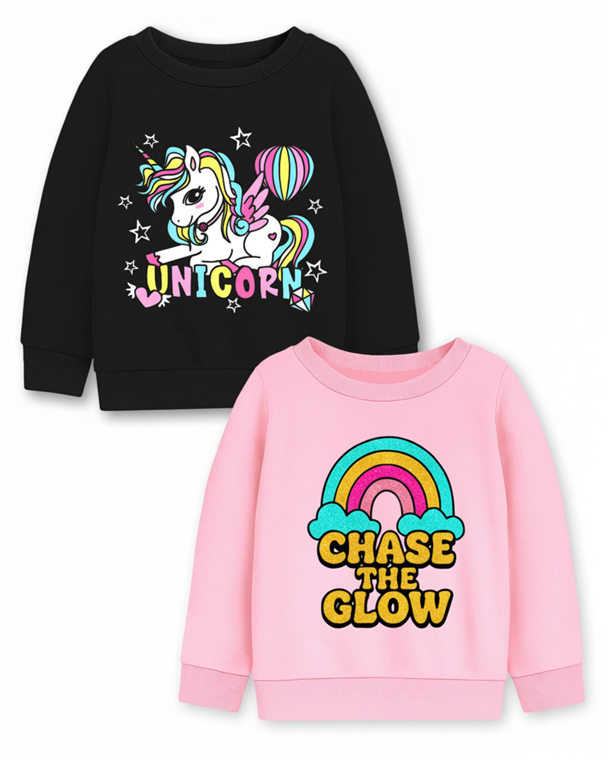 Trampoline Fleece Knit Full Sleeves Unicorn & Chase The Glow Printed Winter Sweatshirt Pack Of 2 - Black Pink