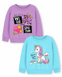 Trampoline Fleece Knit Full Sleeves Text & Unicorn Printed Winter Sweatshirt Pack of 2 - Purple Sky Blue