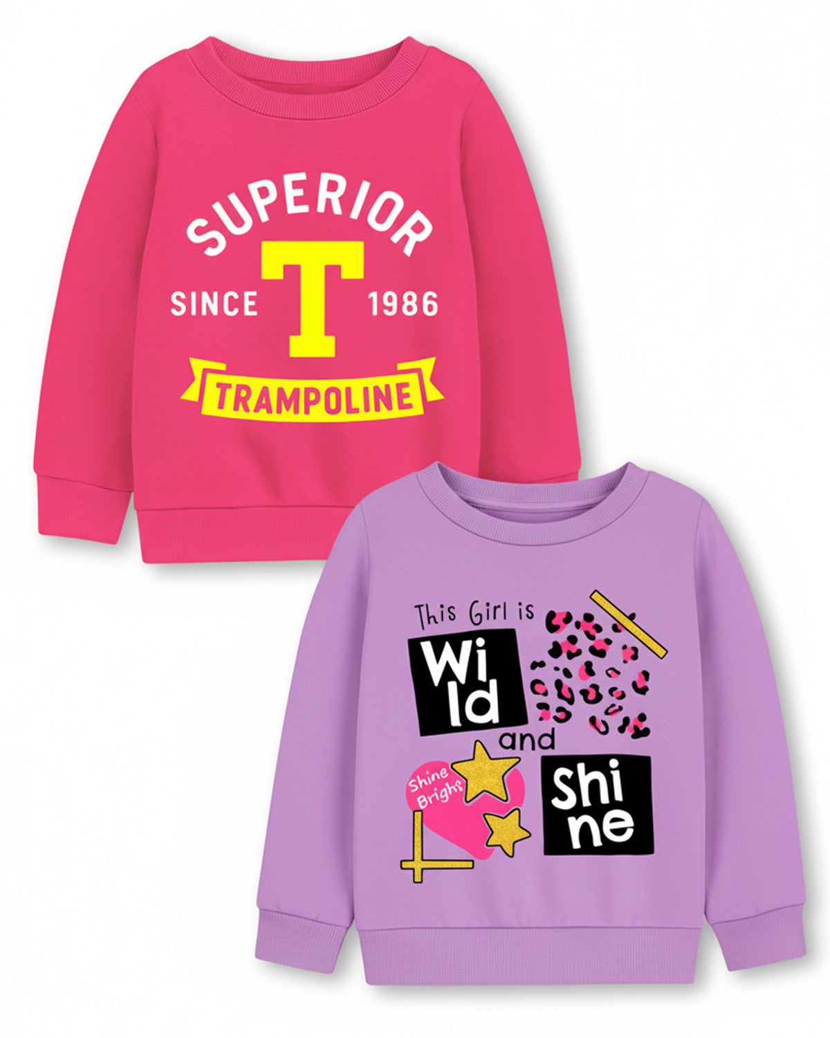 Trampoline Fleece Knit Full Sleeves Text Printed Winter Sweatshirt Pack Of 2 - Pink Purple