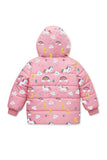 Trampoline Knit Full Sleeves All Over Unicorn Printed Puffer Winter Jacket With 2 Front Pockets - Pink