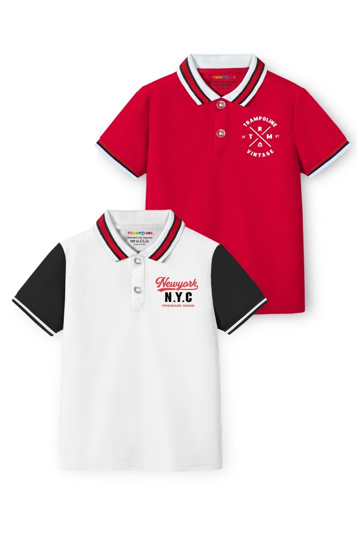 Trampoline Kids Cotton Blend Knit Half Sleeves Solid  Polo T-Shirt Pack of 2 - White, Red