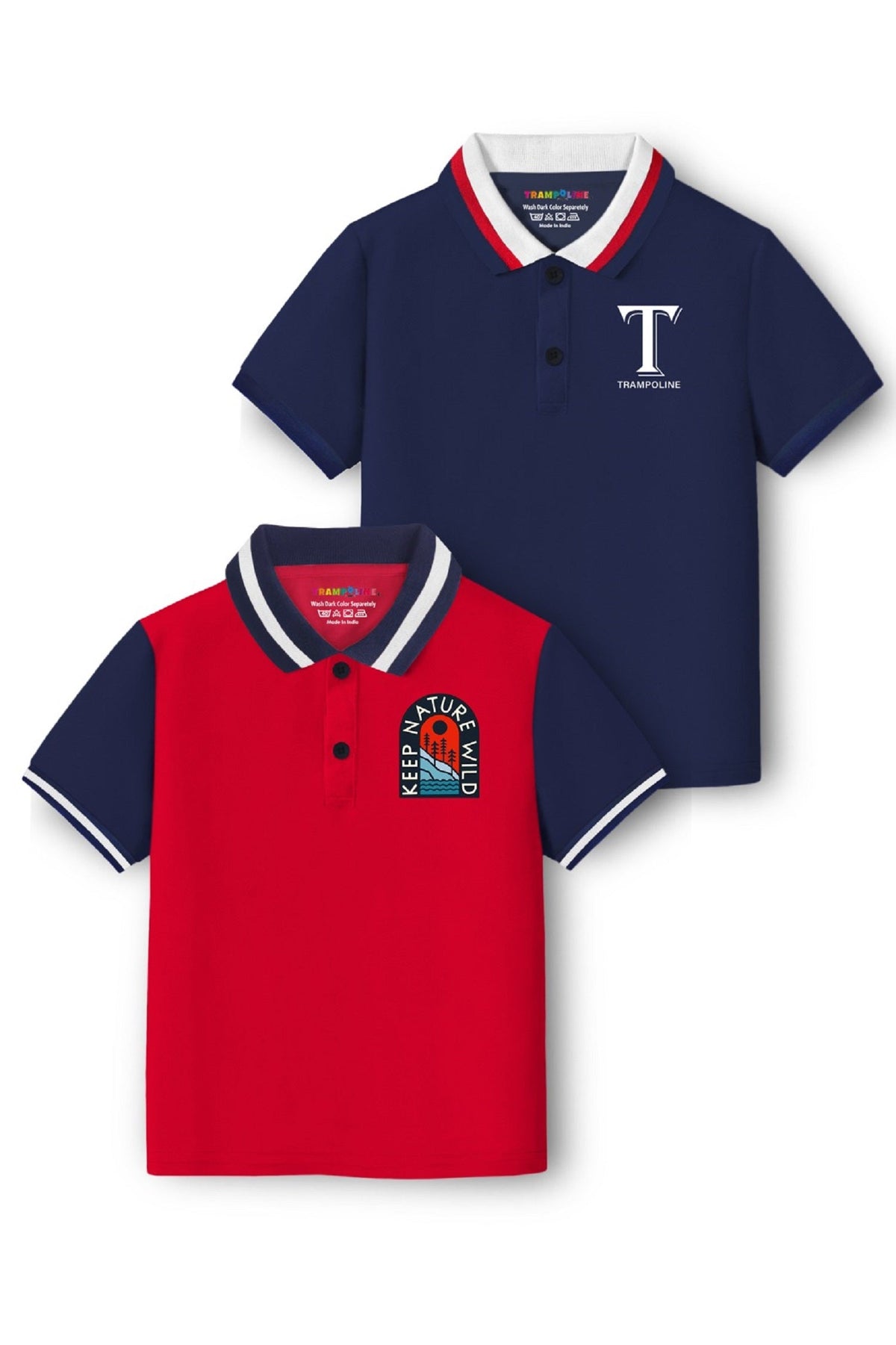 Trampoline Kids Cotton Blend Knit Half Sleeves Solid  Polo T-Shirt Pack of 2 - Navy Blue, Red