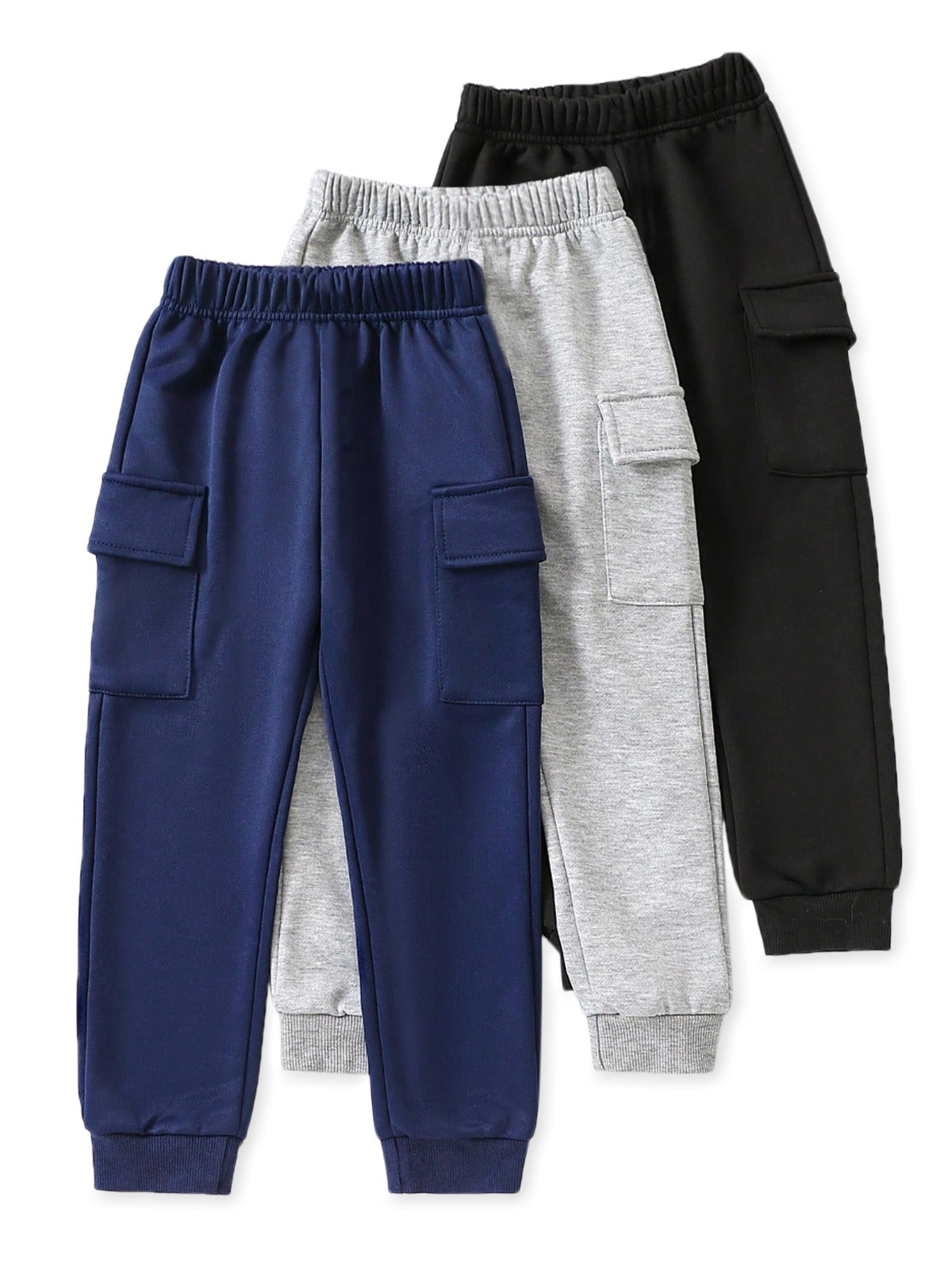 Trampoline Cotton Blend Knit Pack Of 3 Solid Cargo Joggers With Pockets - Blue,Grey & Black