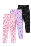 Trampoline Cotton Lycra Knit Full Length Leggings All Over Printed Pack Of 3 - Purple Pink & Black