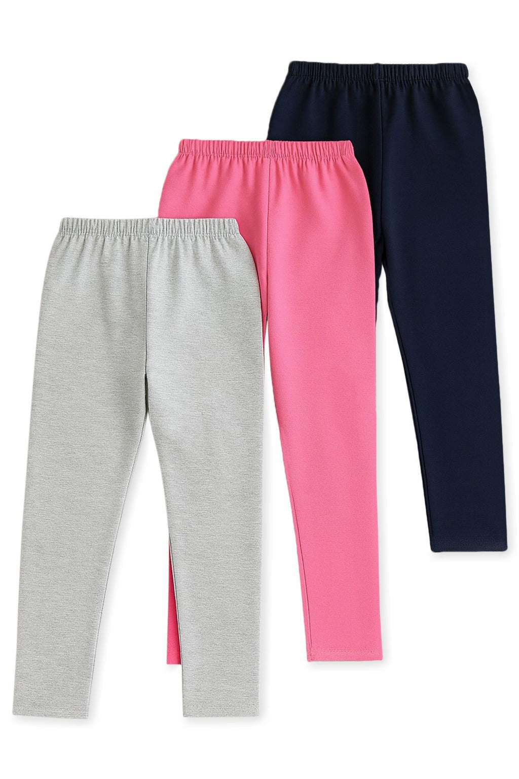 Trampoline Cotton Lycra Knit Full Length Leggings Solid Pack Of 3 - Black Pink & Grey