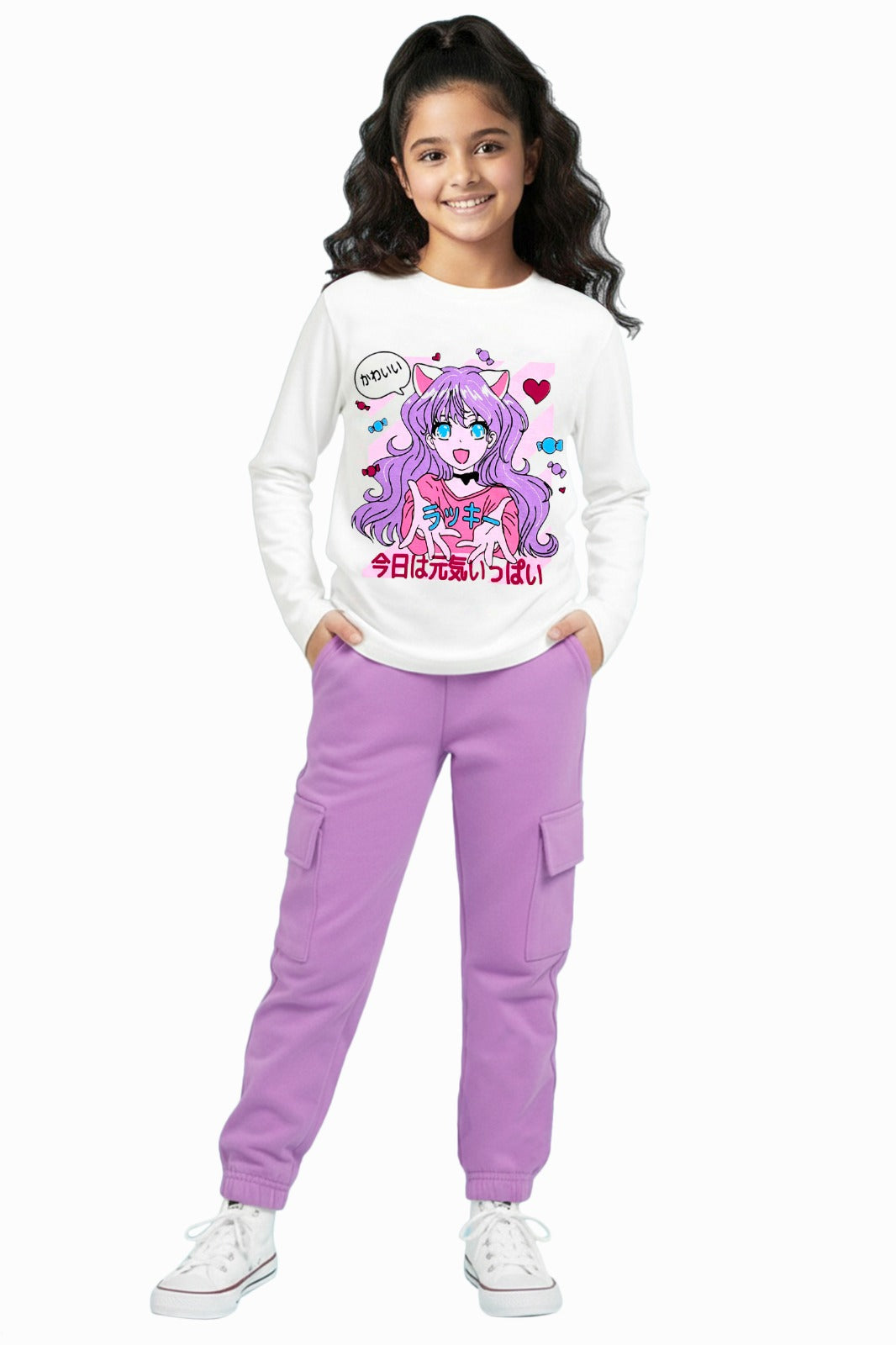 Trampoline Knit Cotton Blend Full Sleeves Text Printed T-shirt With Coordinating Track Pant Set - White & Purple