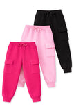 Trampoline Girls Knit Pack Of 3 Solid Cargo Joggers With Pockets - Multi Colour