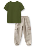 Trampoline Knit Adventure Print Cotton Blend T-shirt & Solid Cotton Terry Loop Cargo Jogger Set – Green & Beige