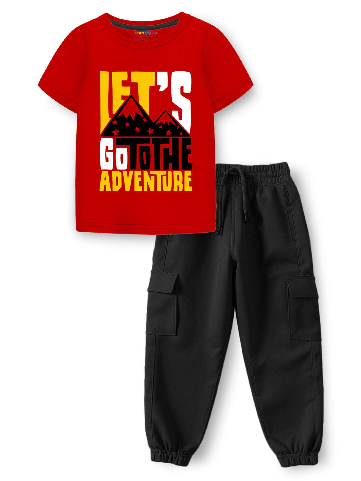 Trampoline Knit Adventure Print Cotton Blend T-shirt & Solid Cotton Terry Loop Cargo Jogger Set – Red & Black