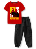 Trampoline Knit Adventure Print Cotton Blend T-shirt & Solid Cotton Terry Loop Cargo Jogger Set – Red & Black