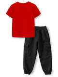 Trampoline Knit Adventure Print Cotton Blend T-shirt & Solid Cotton Terry Loop Cargo Jogger Set – Red & Black