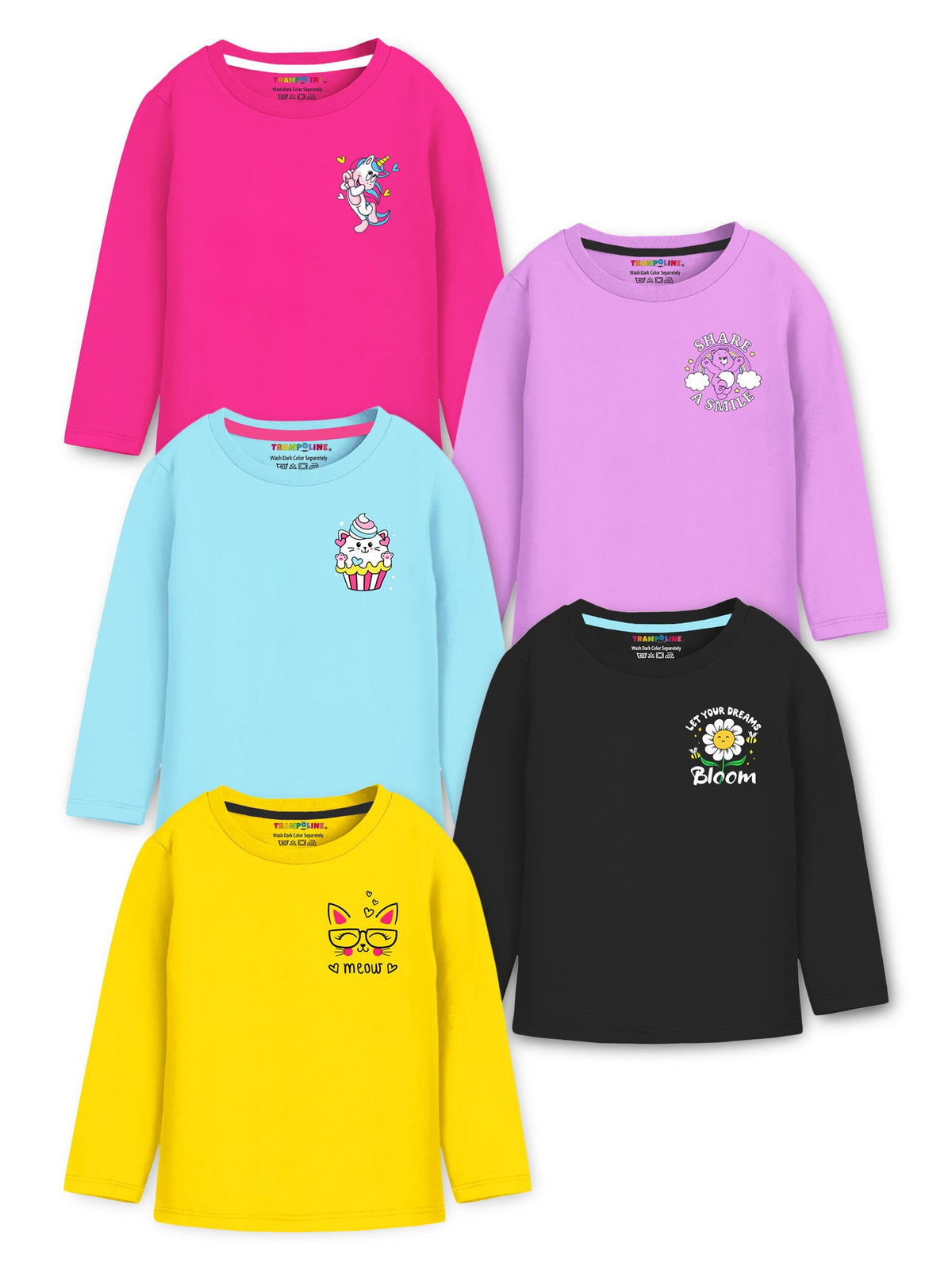 Trampoline Cotton Blend Knit Pack Of 5 Full Sleeves Share A Smile & Meow Text Printed Tees - Multi Colour
