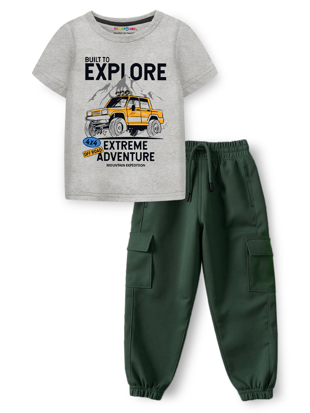 Trampoline Knit Adventure Print Cotton Blend T-shirt & Solid Cotton Terry Loop Cargo Jogger Set – Grey & Green