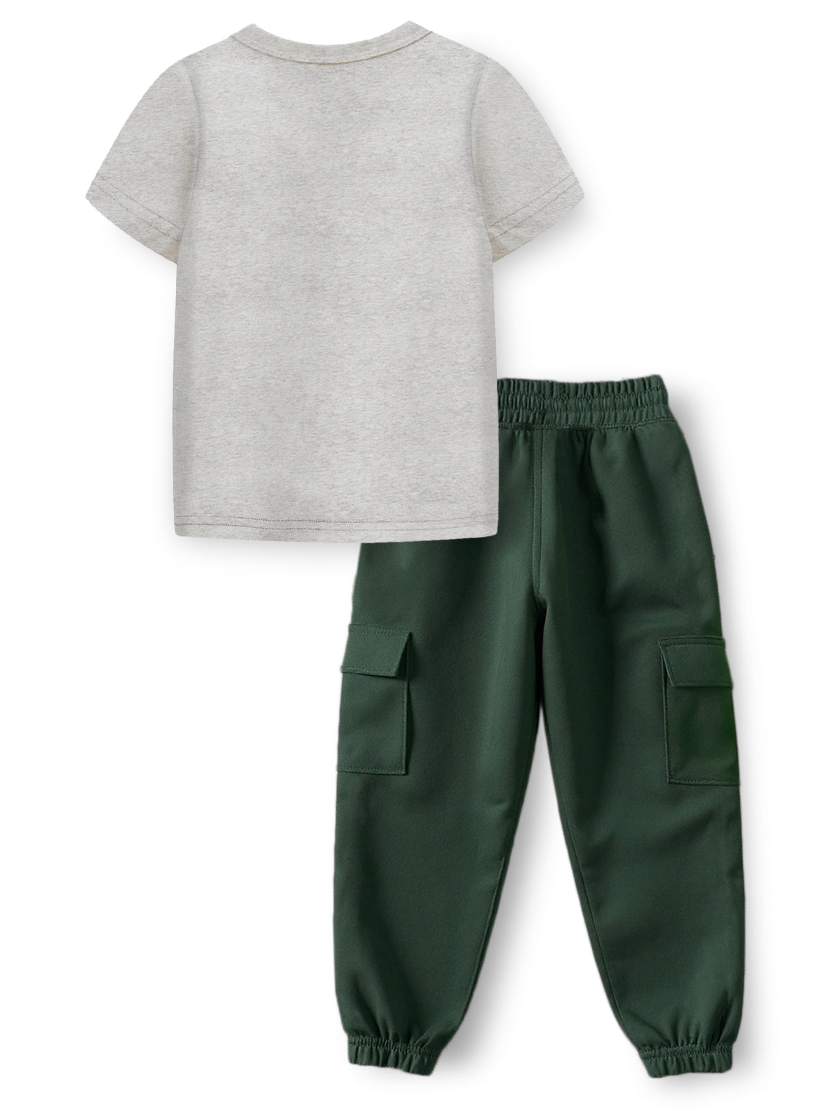 Trampoline Knit Adventure Print Cotton Blend T-shirt & Solid Cotton Terry Loop Cargo Jogger Set – Grey & Green