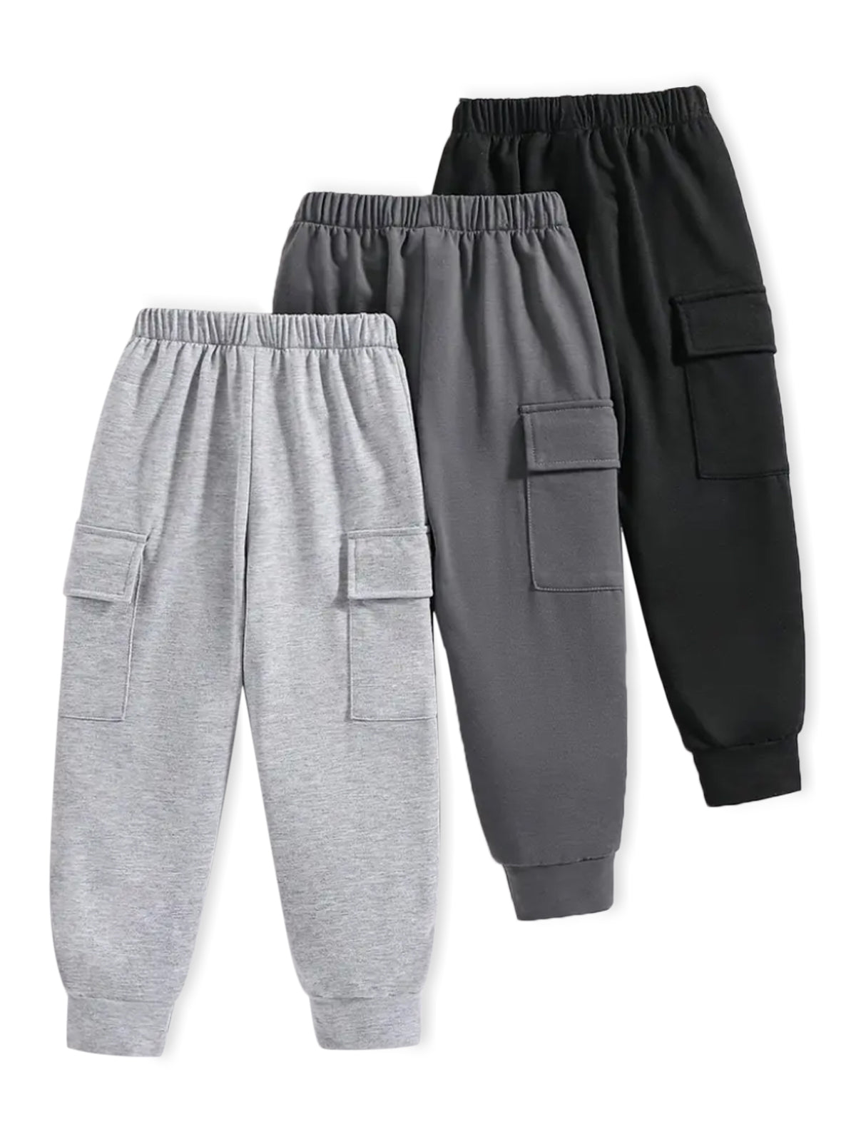 Trampoline Cotton Blend Knit Pack Of 3 Solid Cargo Joggers With Pockets - Blue, Dark Grey & Black