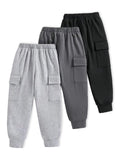 Trampoline Cotton Blend Knit Pack Of 3 Solid Cargo Joggers With Pockets - Blue, Dark Grey & Black