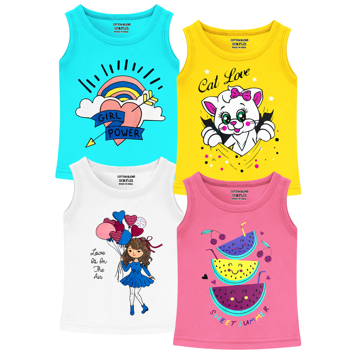 Trampoline Girls Sleeveless Regular Fit T-Shirt (Pack of 4)