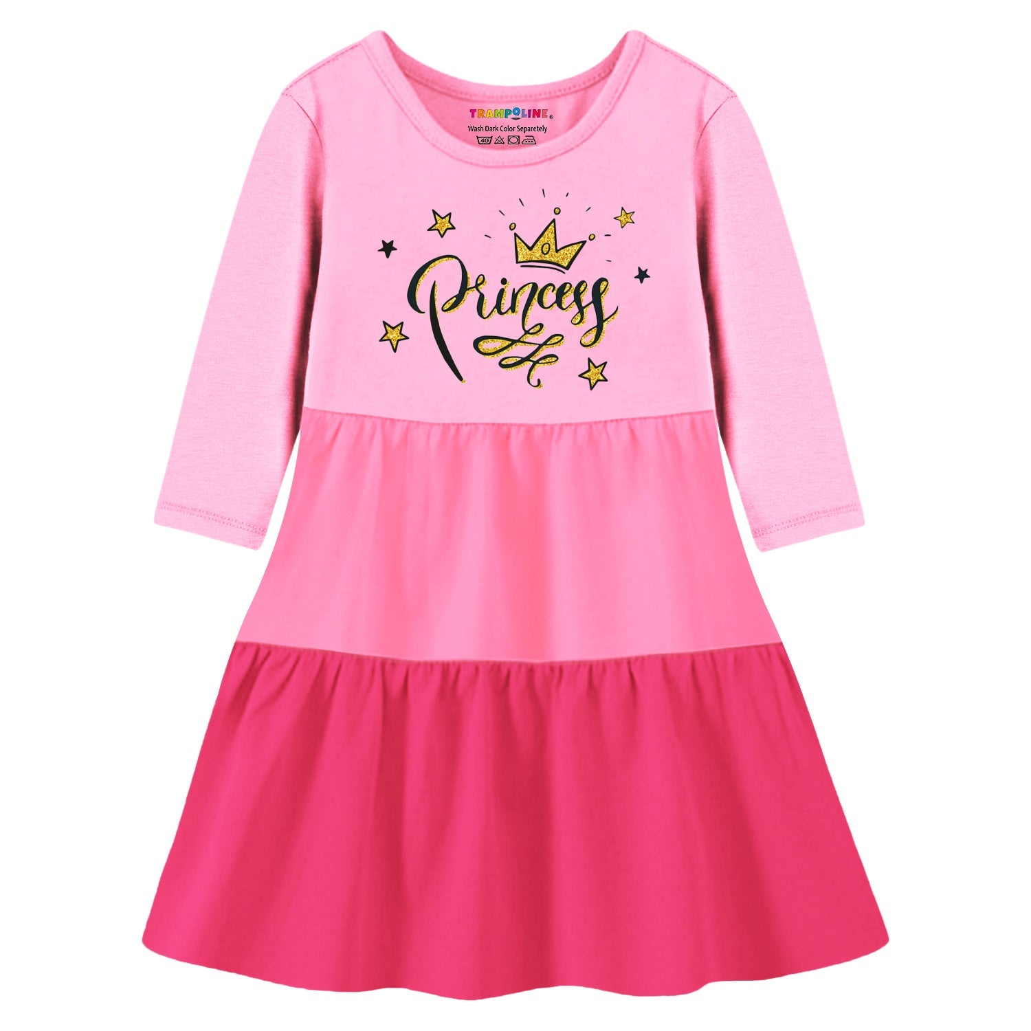 Trampoline Knit Three Fourth Sleeves Princess & Bow Printed Dress - Pink & Black