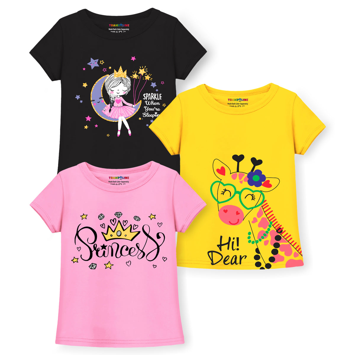 Trampoline Girls Half Sleeves Regular Fit T-Shirt (Pack of 3)
