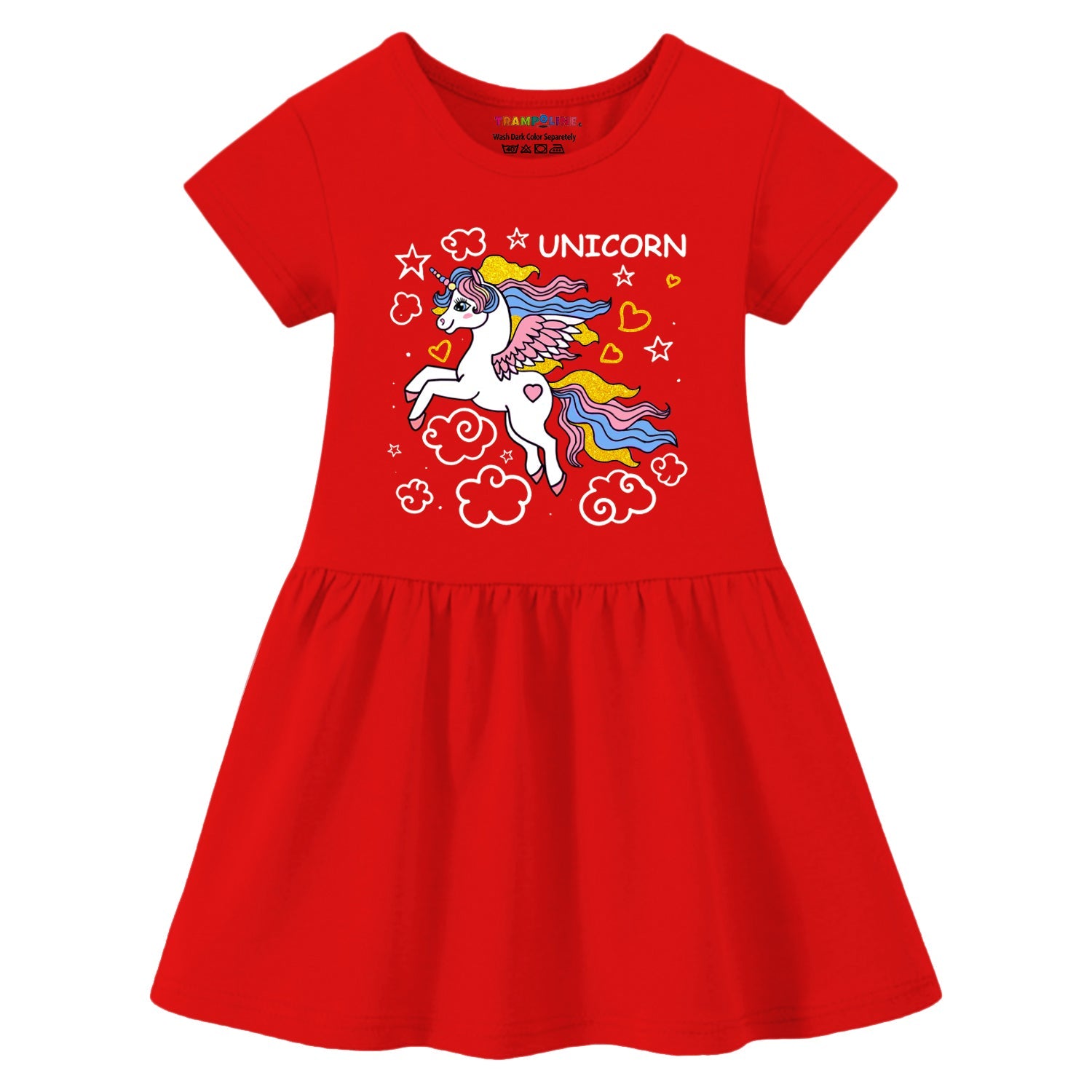 Trampoline Cotton Blend Pack Of 2 Half Sleeves Unicorn and LOVE Graphic Printed Dress - Red & Yellow