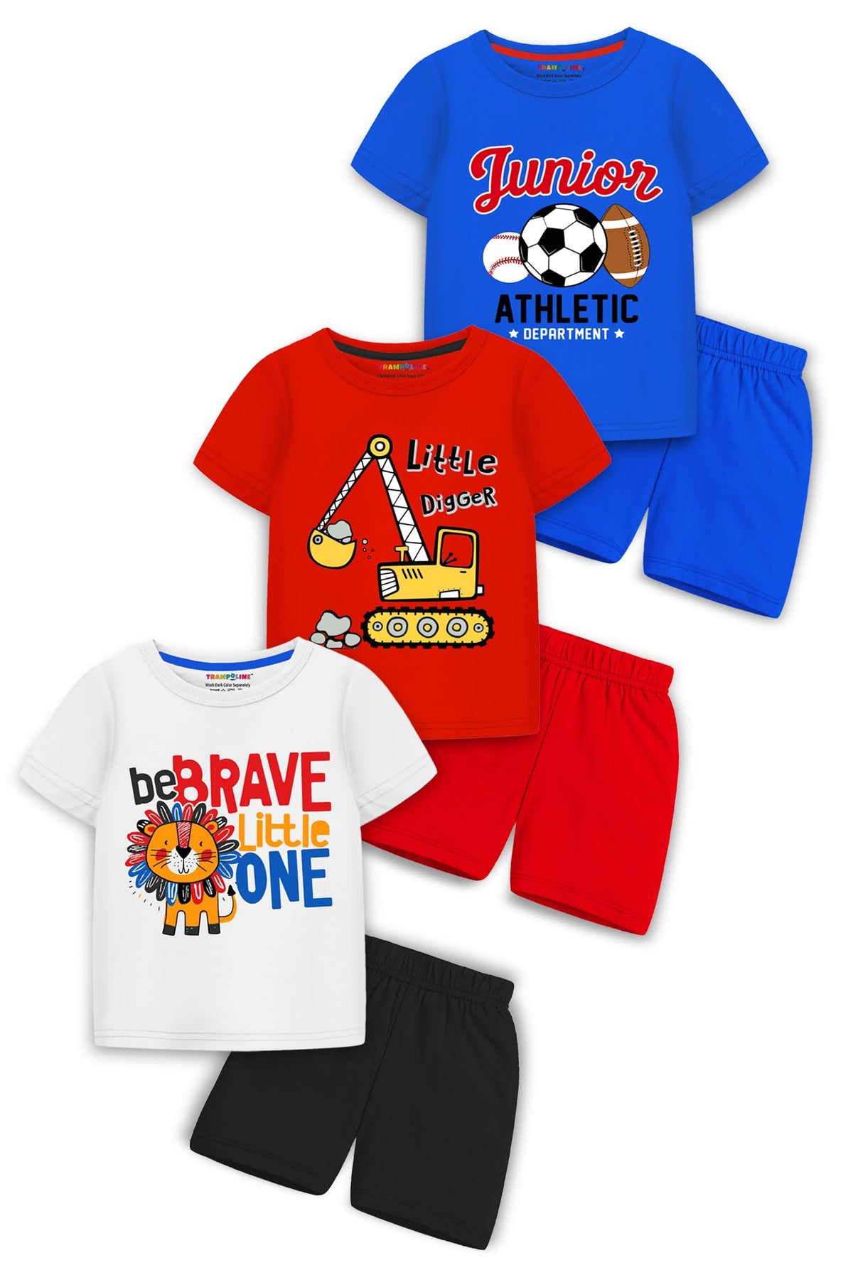 Trampoline Cotton Blend Pack Of 3 Half Sleeves Little Digger & Lion Printed T-Shirt & Shorts Set - Multi Colour