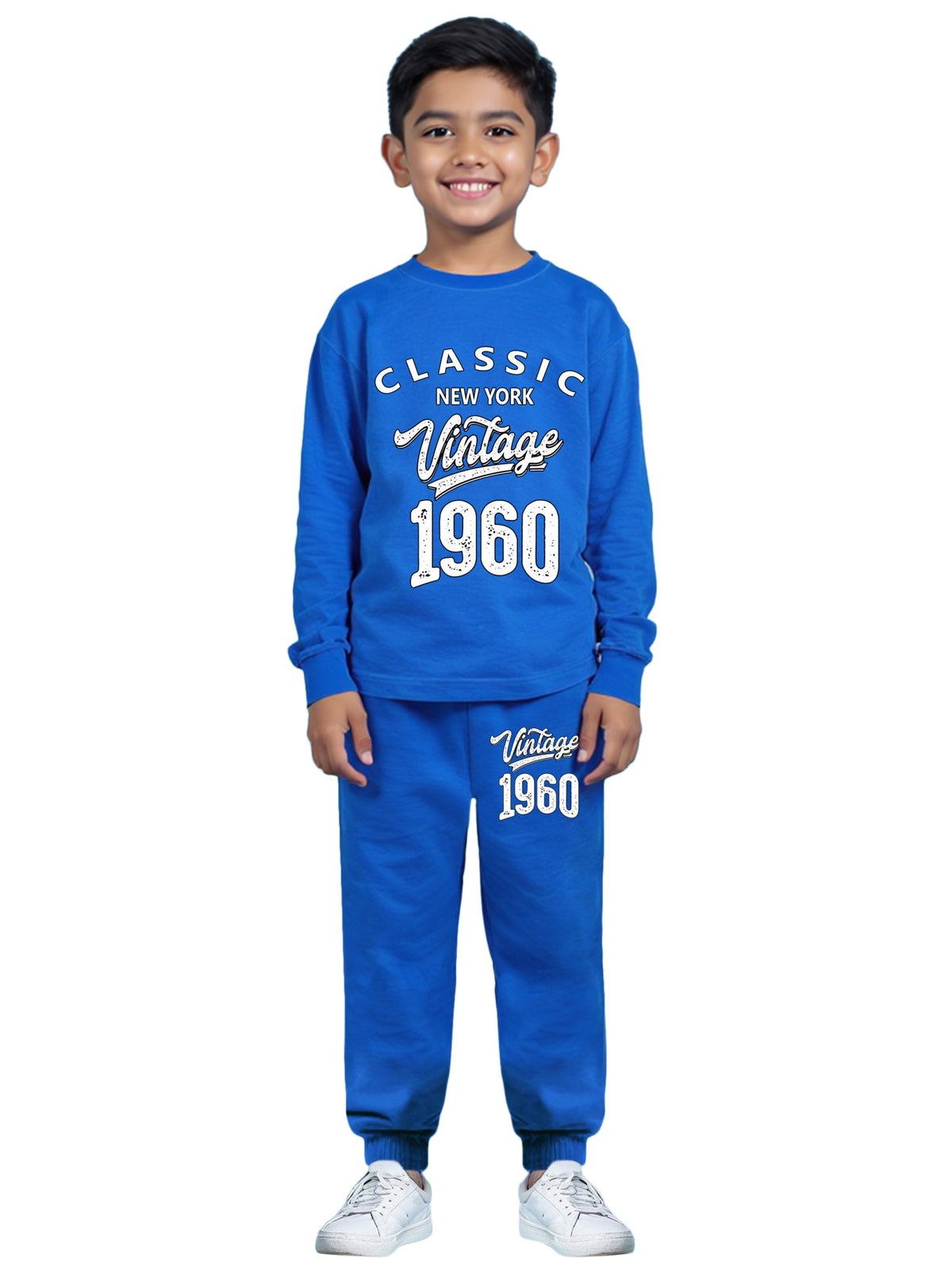 Trampoline Cotton Blend Knit Full Sleeves Typography Printed Tee With Track Pants Set - Blue