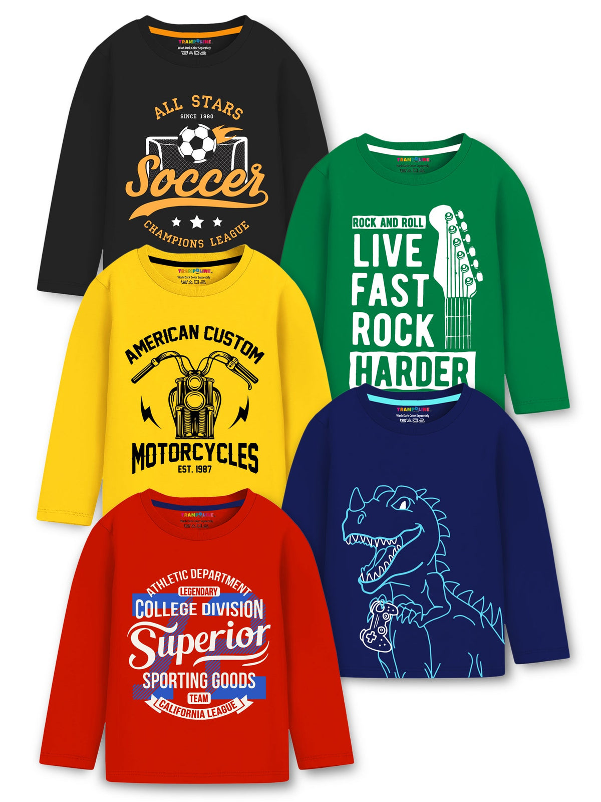Trampoline Knit Cotton Blend Full Sleeves Typography Printed Tees Pack Of 5 - Multi Colour