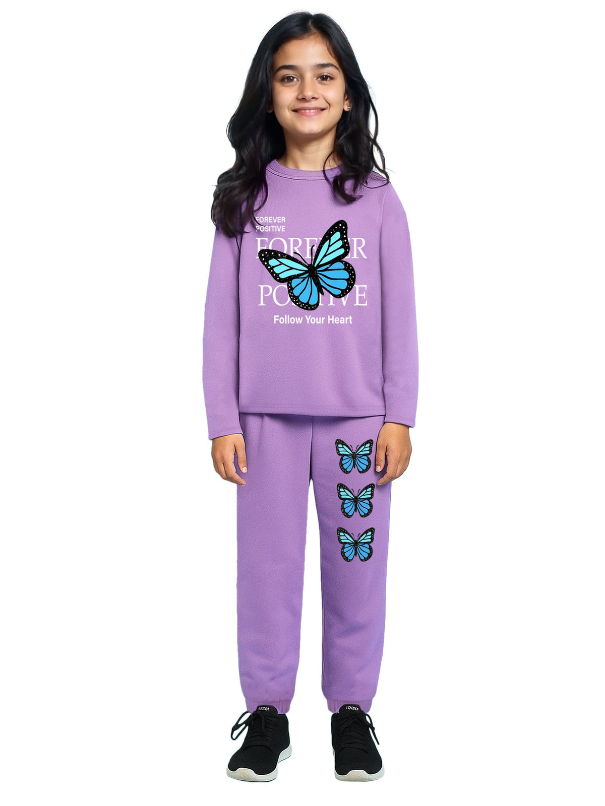 Trampoline Cotton Blend Knit Full Sleeves Love Text & Butterfly Printed Tee & Joggers Set - Purple