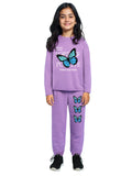 Trampoline Cotton Blend Knit Full Sleeves Love Text & Butterfly Printed Tee & Joggers Set - Purple