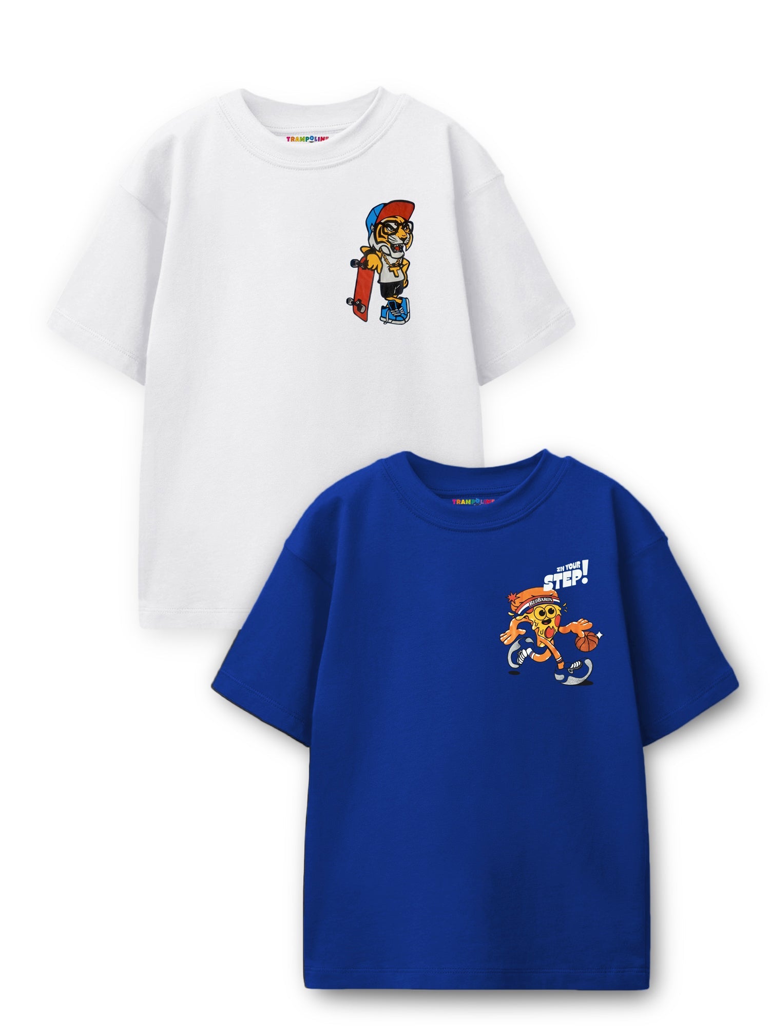 Trampoline Cotton Knit Pack Of 2 Half Sleeves Oversized T-Shirts With Bold Graphic Prints & Drop Shoulder - Blue & White