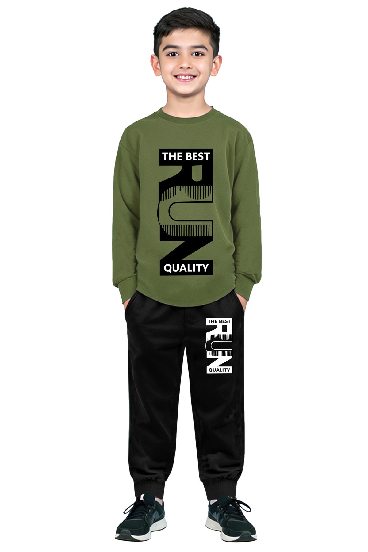 Trampoline Cotton Blend Knit Full Sleeves Text Printed Tee With Jogger Set - Green & Black
