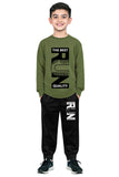 Trampoline Cotton Blend Knit Full Sleeves Text Printed Tee With Jogger Set - Green & Black