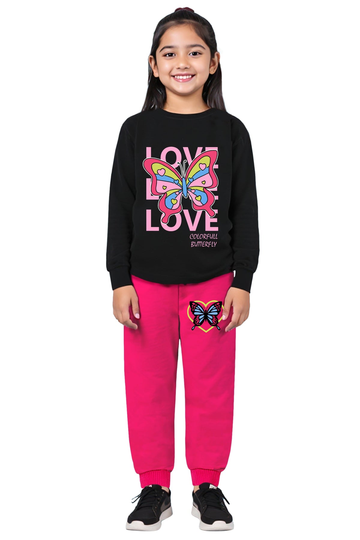 Trampoline Cotton Blend Knit Full Sleeves Love Butterfly Printed Coordinating Tee & Joggers Set - Black & Pink