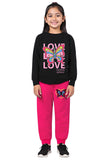 Trampoline Cotton Blend Knit Full Sleeves Love Butterfly Printed Coordinating Tee & Joggers Set - Black & Pink