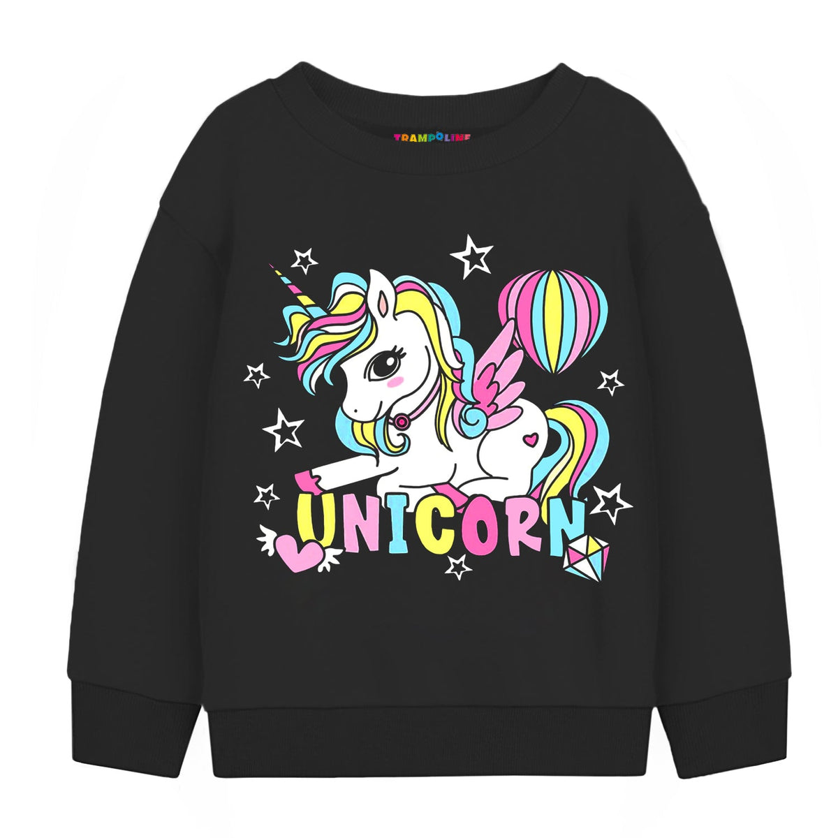 Trampoline Fleece Knit Full Sleeves Unicorn Printed Winter Sweatshirt - Black