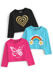 Trampoline Cotton Blend Pack Of 3 Full Sleeves Butterfly & Heart Printed Crop Tops - Multi Colour
