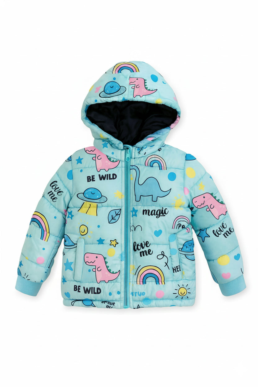 Trampoline Woven Full Sleeves All Over Animal & Unicorn Printed Puffer Winter Jacket With 2 Front Pockets - Multi Colour