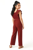 Trampoline Girls Maroon Cotton Slub Ruffle Sleeve Jumpsuit with Belt & Square Neck
