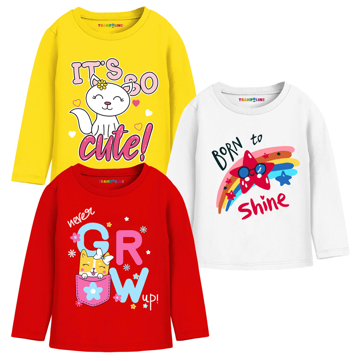 Trampoline Girls Full Sleeves Regular Fit T-Shirt (Pack of 3)