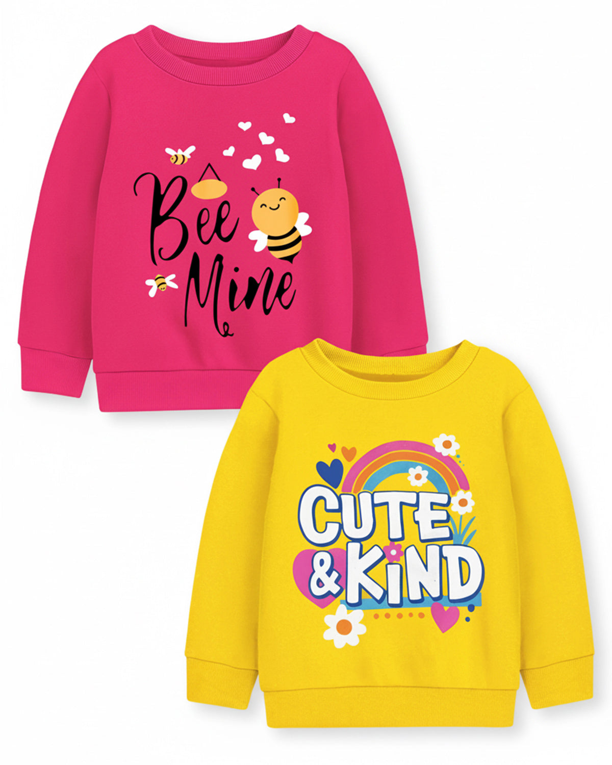 Trampoline Fleece Knit Full Sleeves Bee Mine & Cute & Kind Printed Winter Sweatshirt Pack Of 2 - Pink Yellow