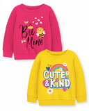 Trampoline Fleece Knit Full Sleeves Bee Mine & Cute & Kind Printed Winter Sweatshirt Pack Of 2 - Pink Yellow