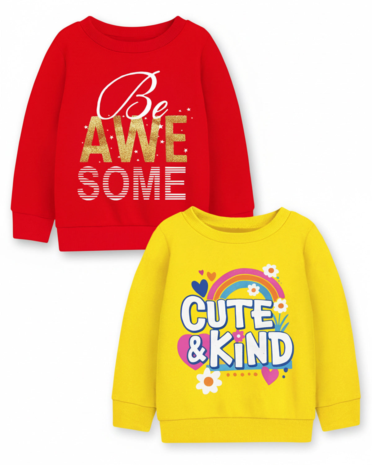 Trampoline Fleece Knit Full Sleeves Awesome & Cute & Kind Printed Winter Sweatshirt Pack Of 2 - Red Yellow
